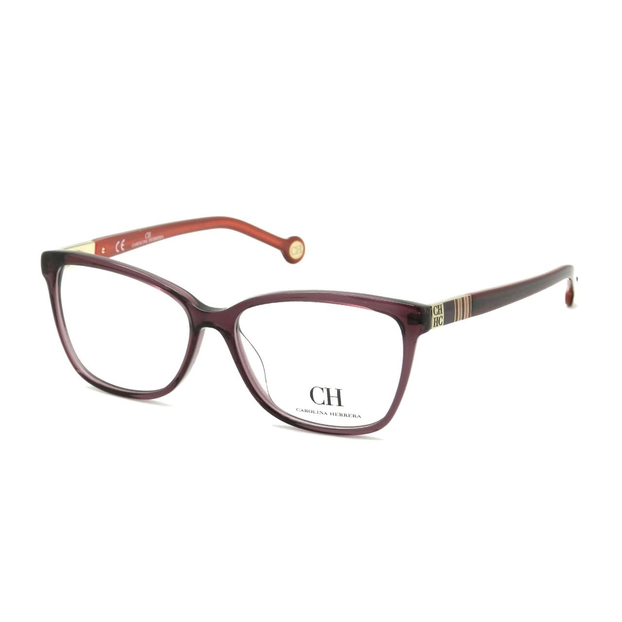 Carolina Herrera VHE585-0W48 Transparent Bordeaux Square Plastic Eyeglasses displayed elegantly with a stylish case.