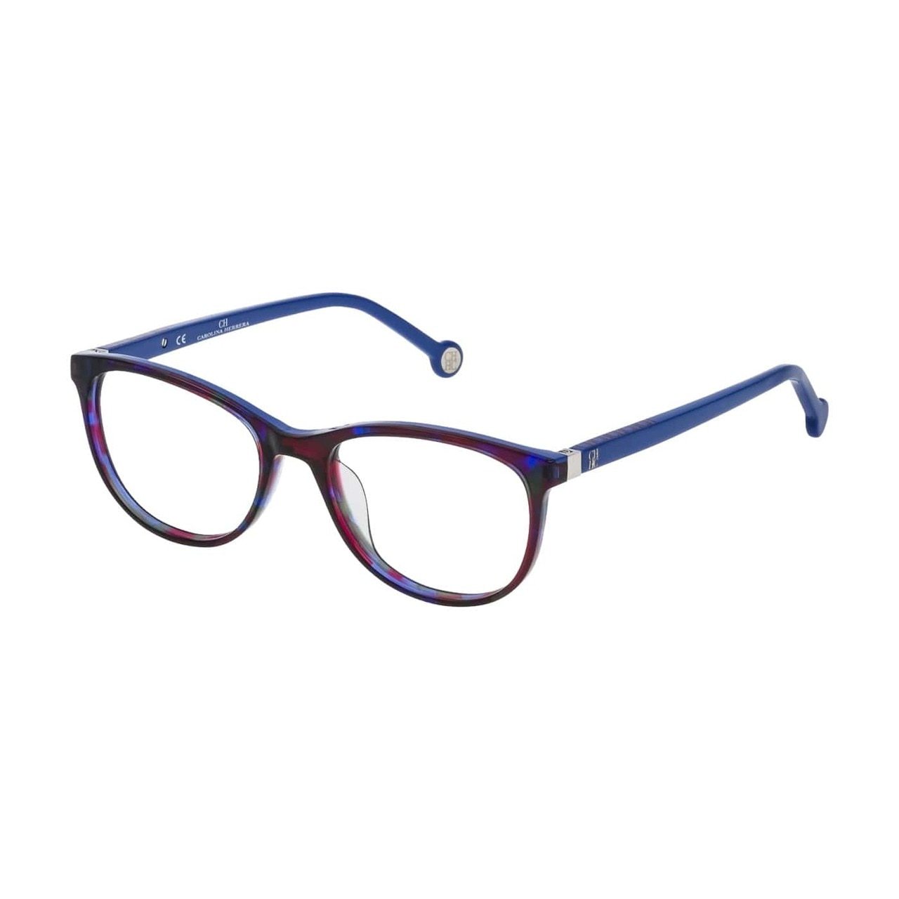 Carolina Herrera VHE731-07QM Havana Blue Square Women's Plastic Eyeglasses displayed elegantly with a stylish case.