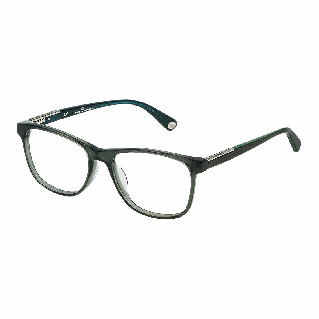 Carolina Herrera VHE736-06S8 Dark Green Square Unisex Plastic Eyeglasses displayed with a stylish case and paperwork.