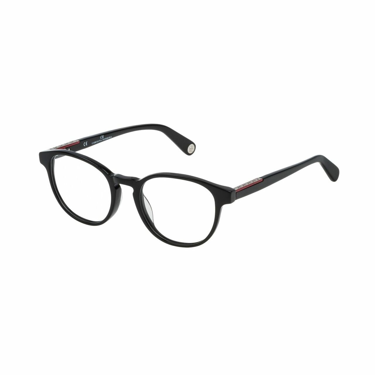 Carolina Herrera VHE737-0700 Black Oval Unisex Plastic Eyeglasses displayed elegantly with a black frame.