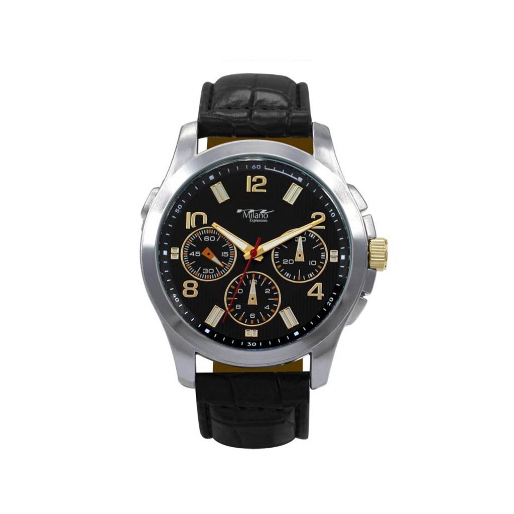 Carthage Black Vegan Crocodile Band Watch featuring a silver case and black/gold dial, showcasing its elegant design.