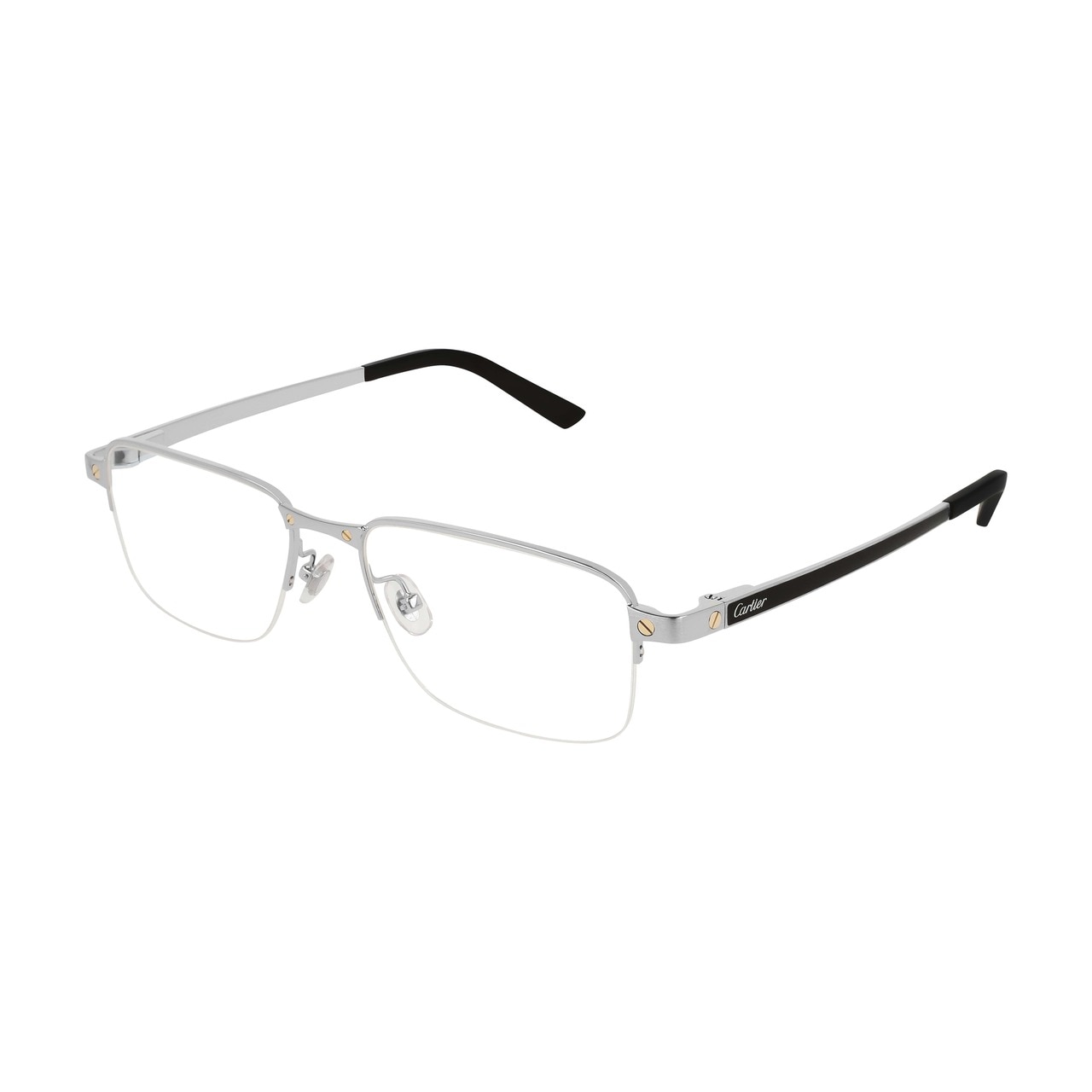 Cartier CT0103O-002 Silver Rectangular Men's Metal Eyeglasses showcasing a sleek half-rim design and elegant silver finish.
