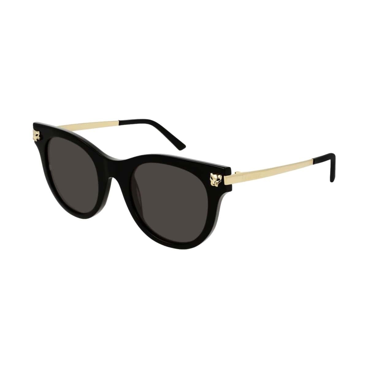 Cartier CT0024S-005 Black Gold Cat-Eye Grey Lens Women's Sunglasses featuring a luxurious design with panther head details.