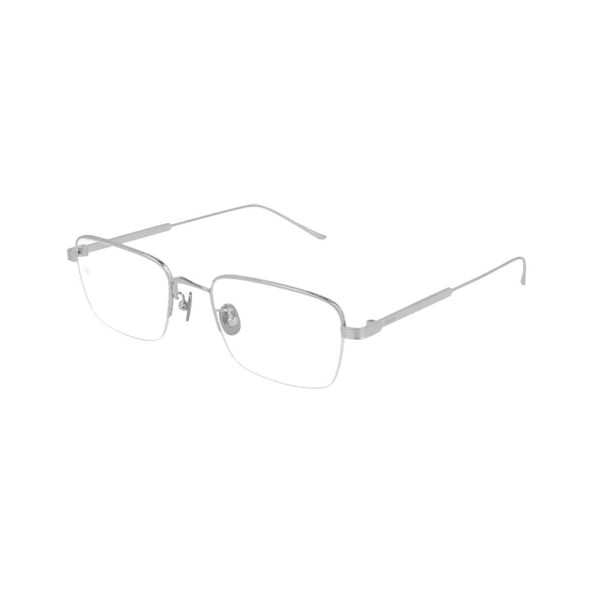 Cartier CT0262OA-002 Silver Rectangular Men's Titanium Eyeglasses showcasing a sleek half-rim design and elegant silver finish.