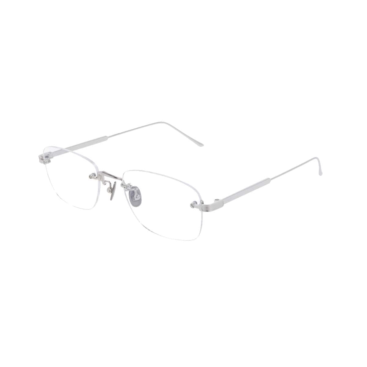 Cartier CT0228O-003 Silver Rectangular Men's Metal Eyeglasses showcasing a sleek rimless design and elegant silver frame.