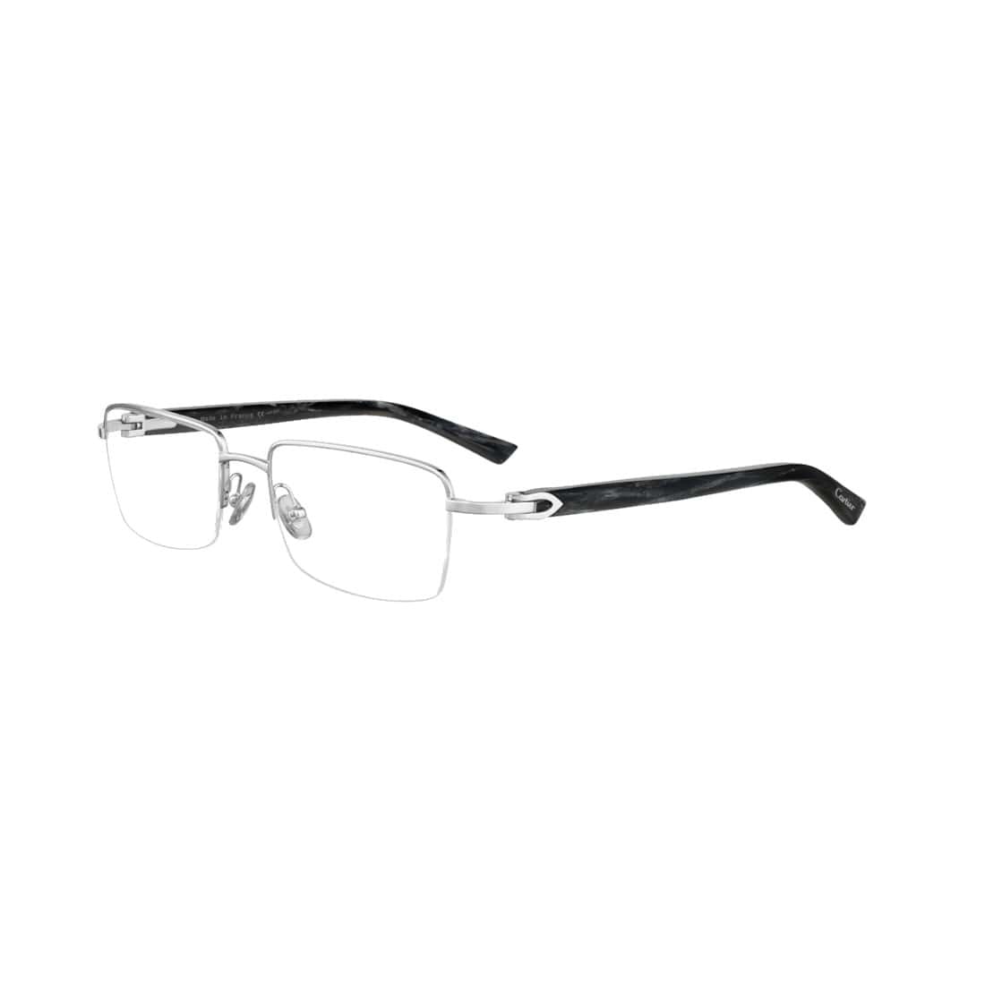Cartier CT0042O-004 Silver Black Rectangular Men's Metal Eyeglasses showcasing a stylish half-rim design and elegant color combination.