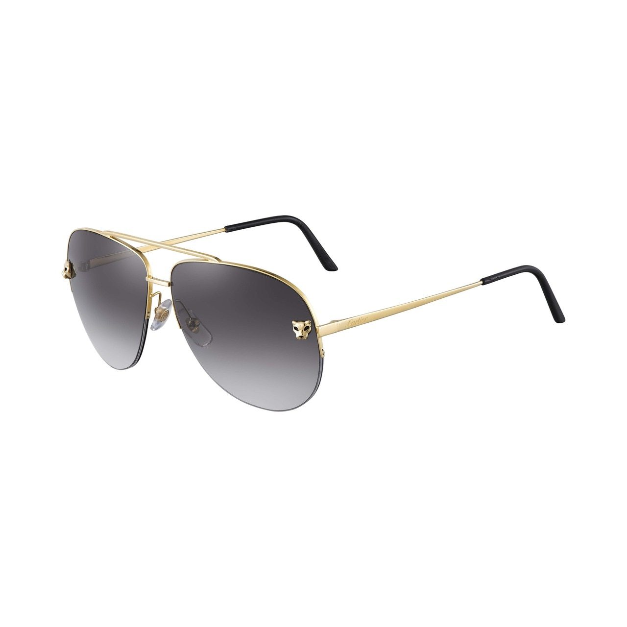 Cartier CT0065S-001 Gold Aviator Sunglasses with grey lenses, showcasing a luxurious metal frame design.