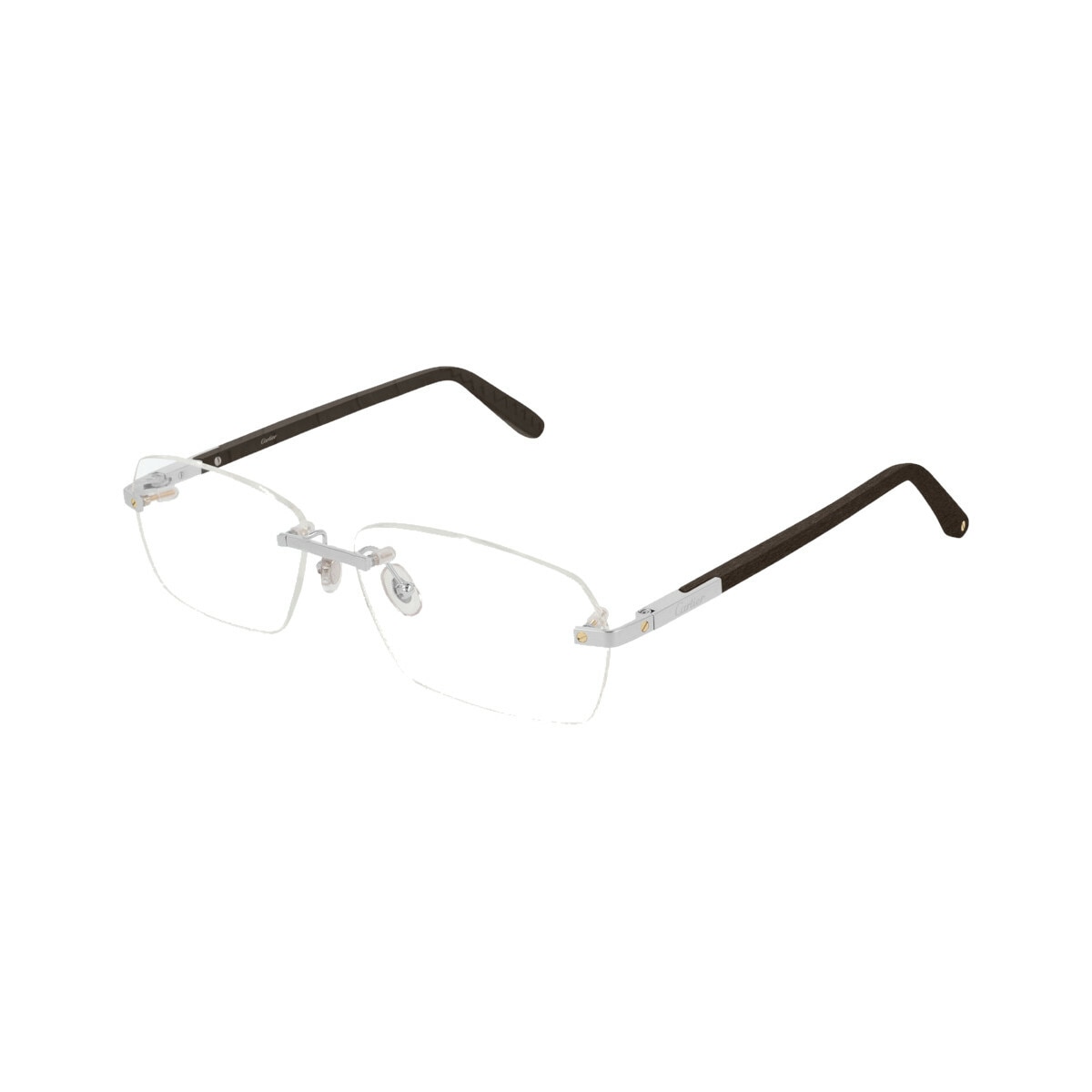 Cartier CT0099O-002 Silver Black Rectangular Men's Metal Eyeglasses featuring a rimless design and wood temples.
