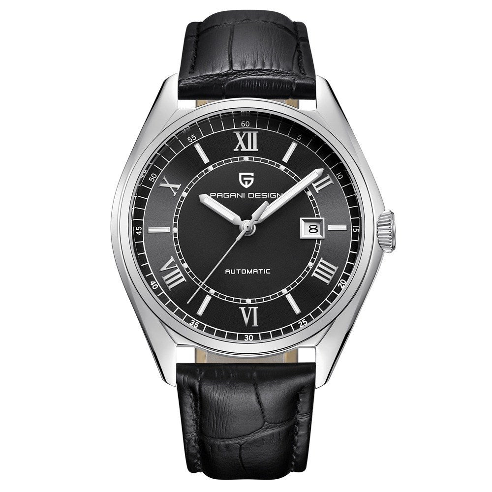 Casual Automatic Mechanical Decoration Watch featuring a round dial, genuine leather strap, and stainless steel buckle.