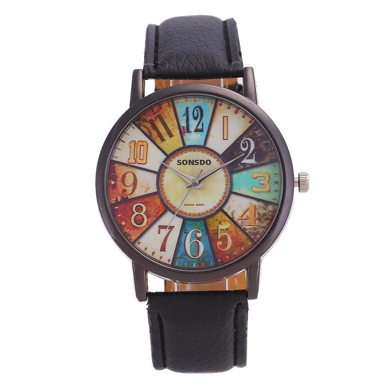 Casual Retro Stripe Pattern Quartz Watch for Men with a round dial, imitation leather strap, and stainless steel buckle.