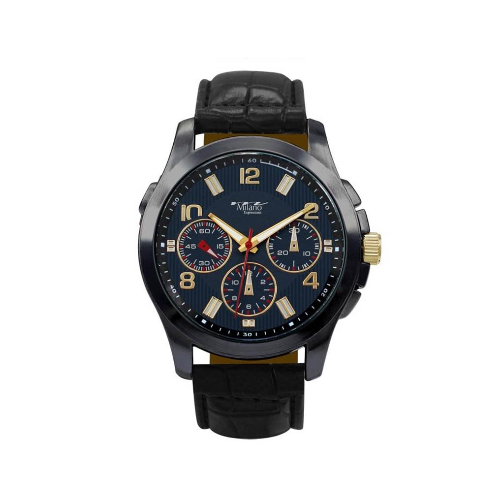 M Milano Expressions Black Vegan Crocodile Band Watch featuring a black case and a blue/gold dial, showcasing its elegant design.