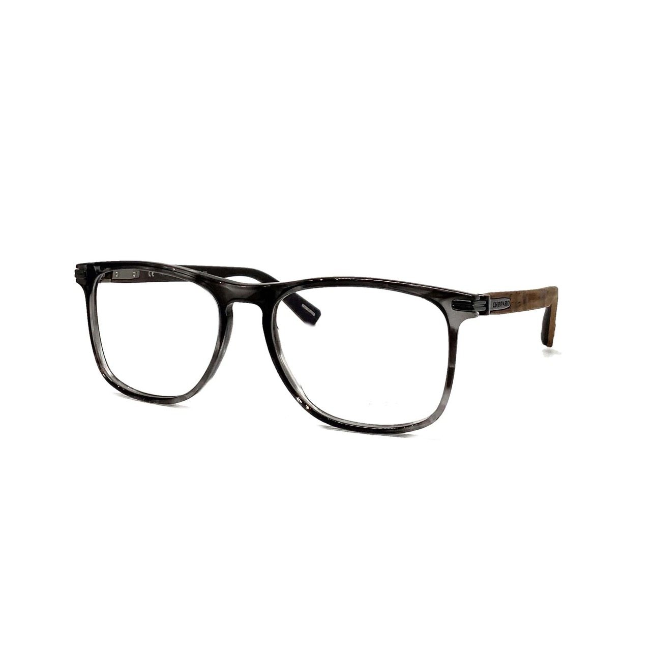 Chopard VCH241-01EX Transparent Wood Grey Square Plastic Eyeglasses displayed elegantly, showcasing their stylish design and color.