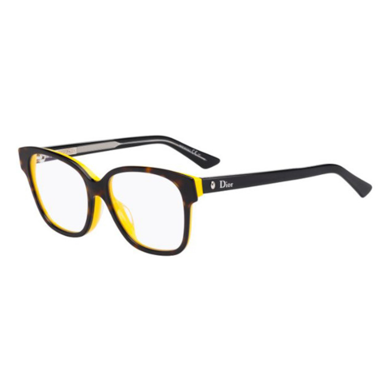 Christian Dior Montaigne 8F-GAP Women's eyeglasses featuring a cat eye design in Havana yellow black crystal with 53mm lenses.