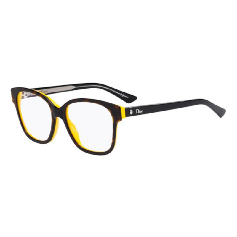 Christian Dior Montaigne 8-GAP Women's eyeglasses featuring a Havana yellow black crystal cat eye acetate frame with 53mm lenses.