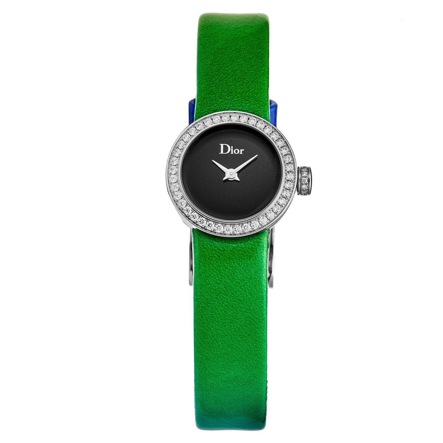 Christian Dior Women's CD040110A017 watch featuring a black mother of pearl dial, diamond bezel, and green/blue patent leather strap.