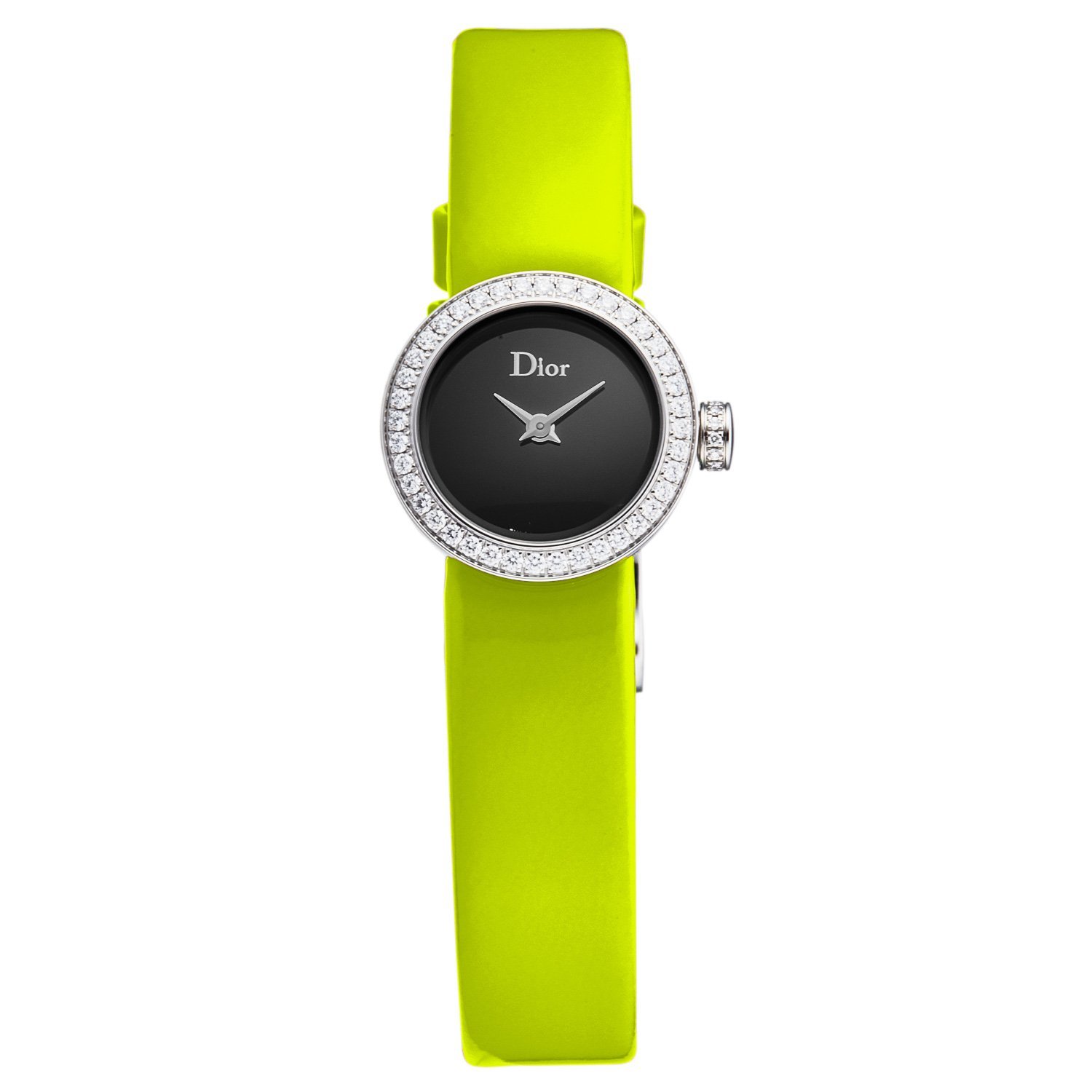 Christian Dior Women's CD040110A008 watch featuring a black mother of pearl dial, diamond bezel, and yellow patent leather strap.