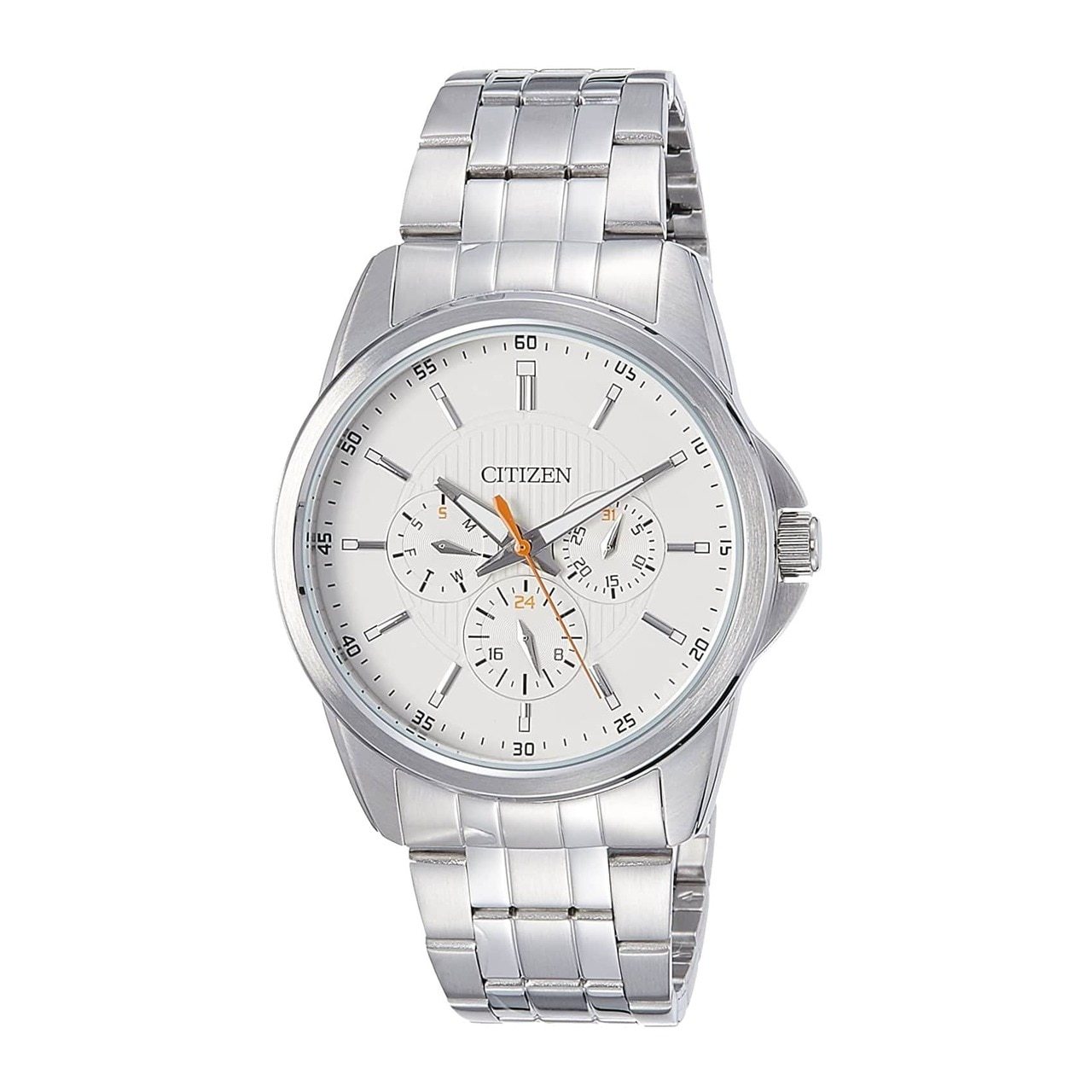 Citizen AG8340-58A Men's Quartz Watch featuring a silver stainless steel case and beige dial.