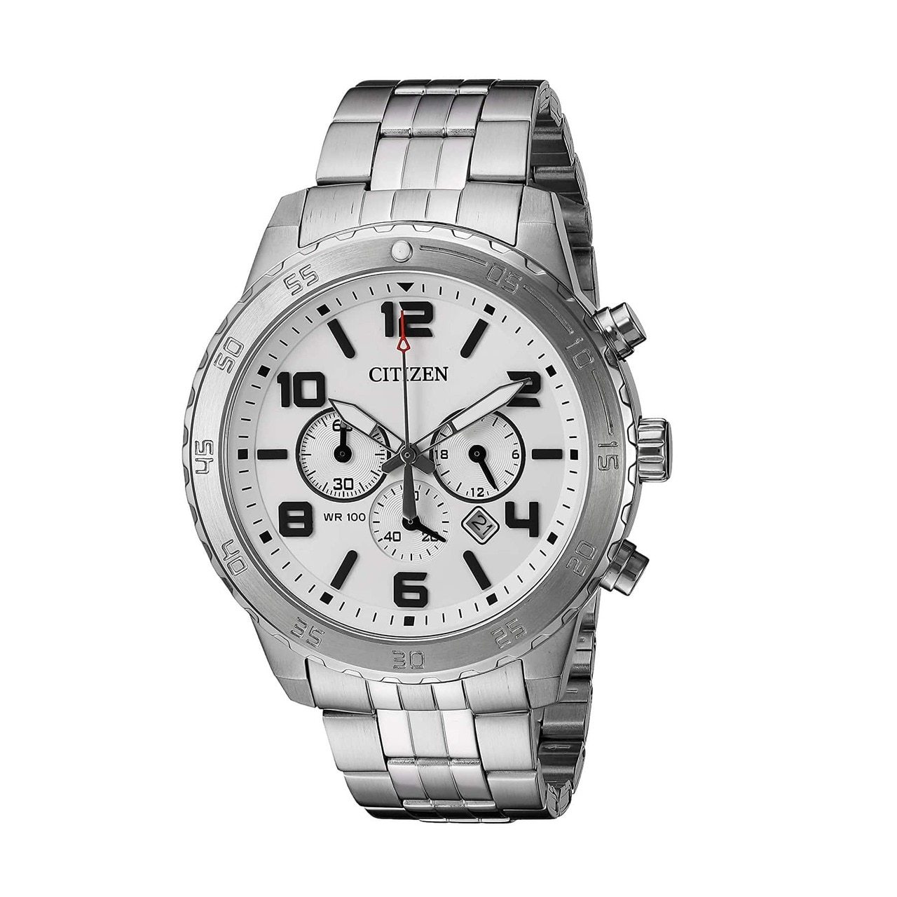Citizen AN8130-53A Men's Chronograph Watch with stainless steel case and silver dial, featuring sub-dials and a fold-over clasp.