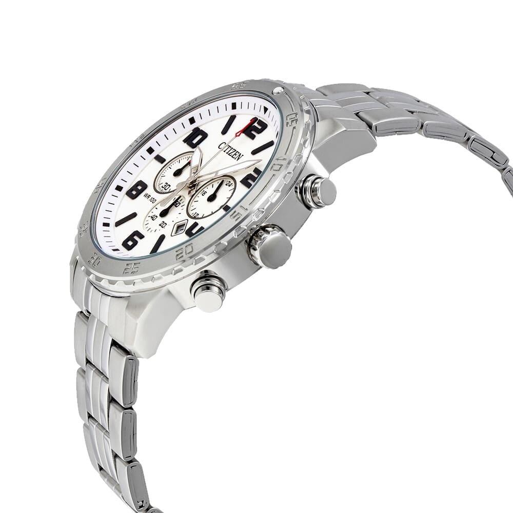Citizen AN8130-53A Men's Chronograph Watch with stainless steel case and silver dial, featuring sub-dials and a fold-over clasp.