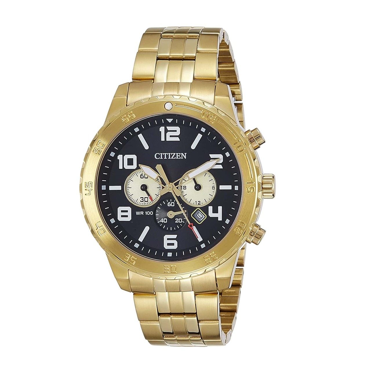 Citizen AN8132-58E Gold Stainless Steel Black Dial Men's Chronograph Watch showcasing its elegant design and features.