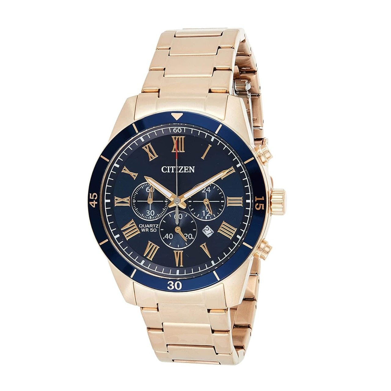 Citizen AN8169-58L Gold Stainless Steel Blue Dial Men's Chronograph Watch featuring a rose gold-tone case and deep blue dial.