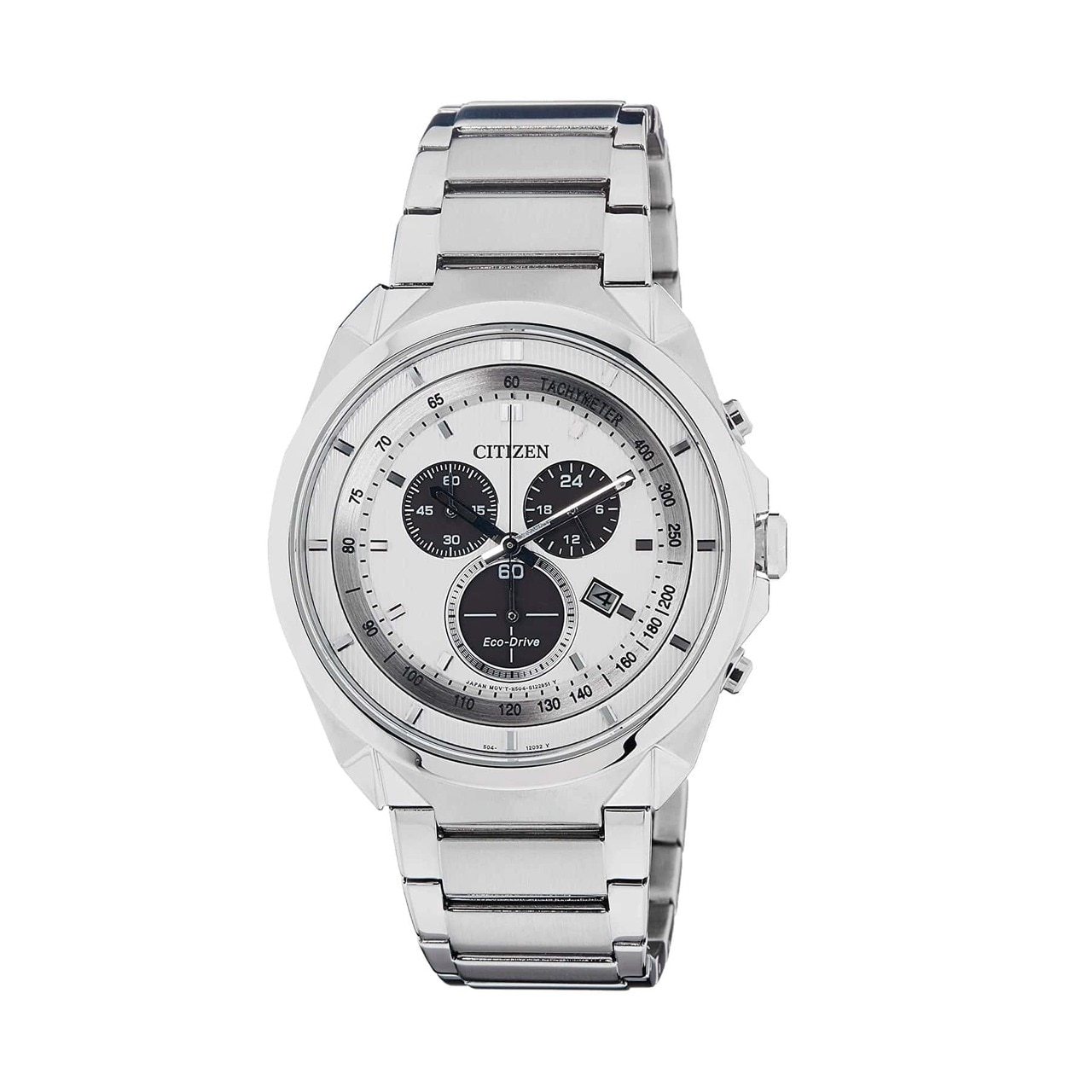 Citizen AT2150-51A men's tachymeter chronograph watch with silver stainless steel case and white dial.