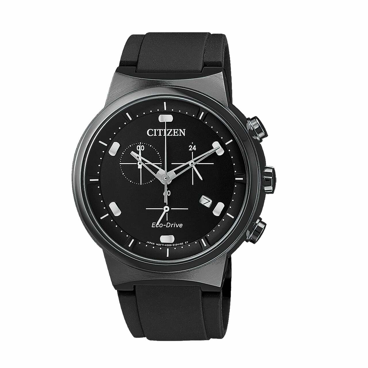 Citizen AT2405-10E Eco-Drive Watch with black rubber band and chronograph dial, showcasing a stainless steel case and scratch-resistant sapphire crystal.