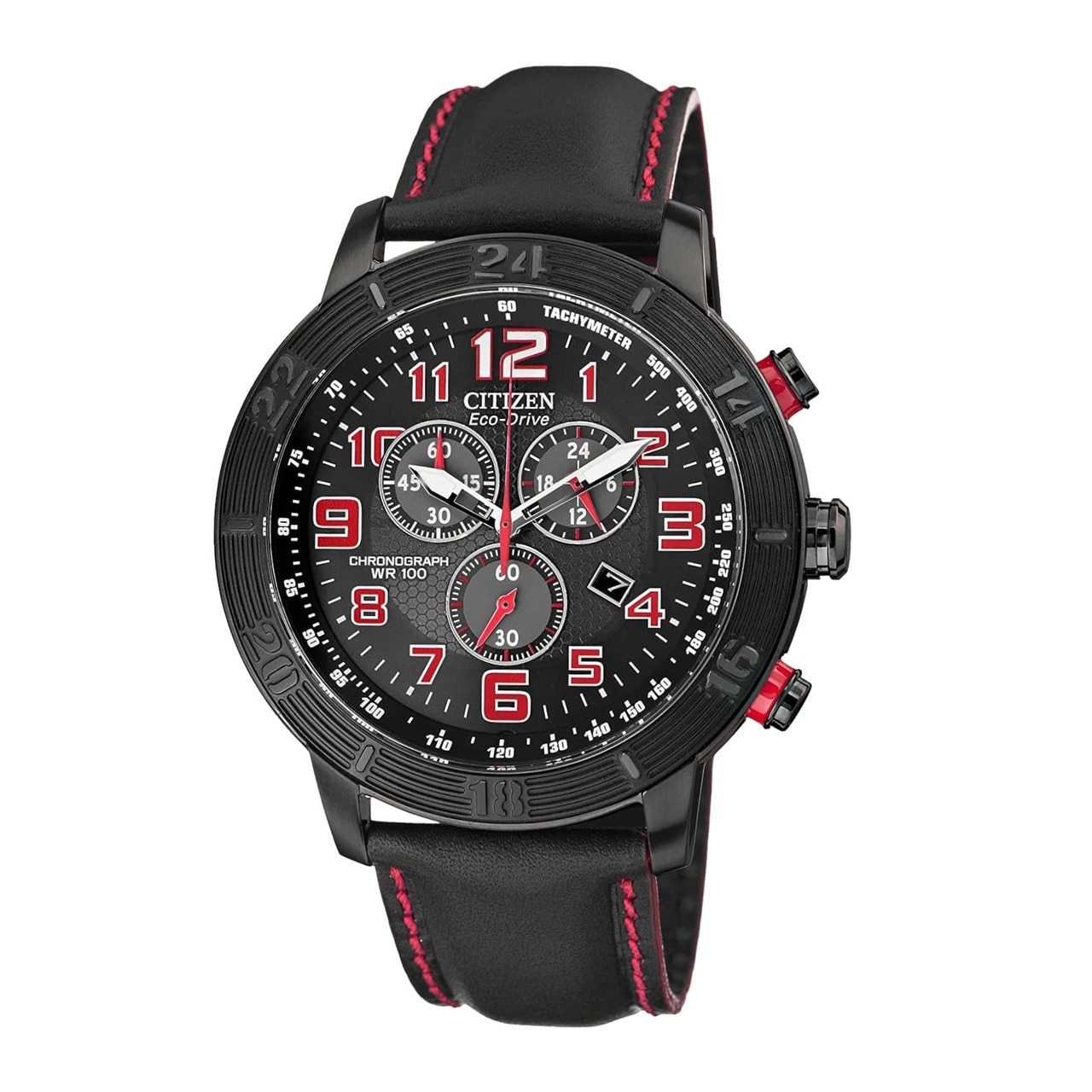 Citizen AT2225-03E Drive Black Dial Men's Chronograph Tachymeter Eco-Drive Leather Watch with black leather strap and luminous hands.