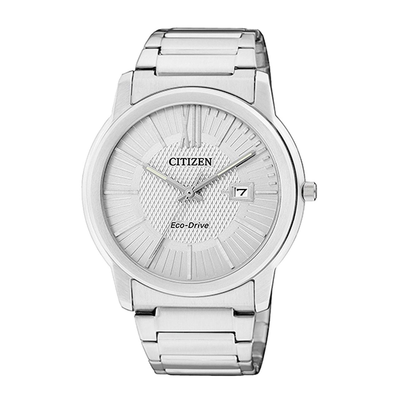Citizen AW1210-58A Eco-Drive watch featuring a silver stainless steel case and a white textured dial, perfect for men's fashion.
