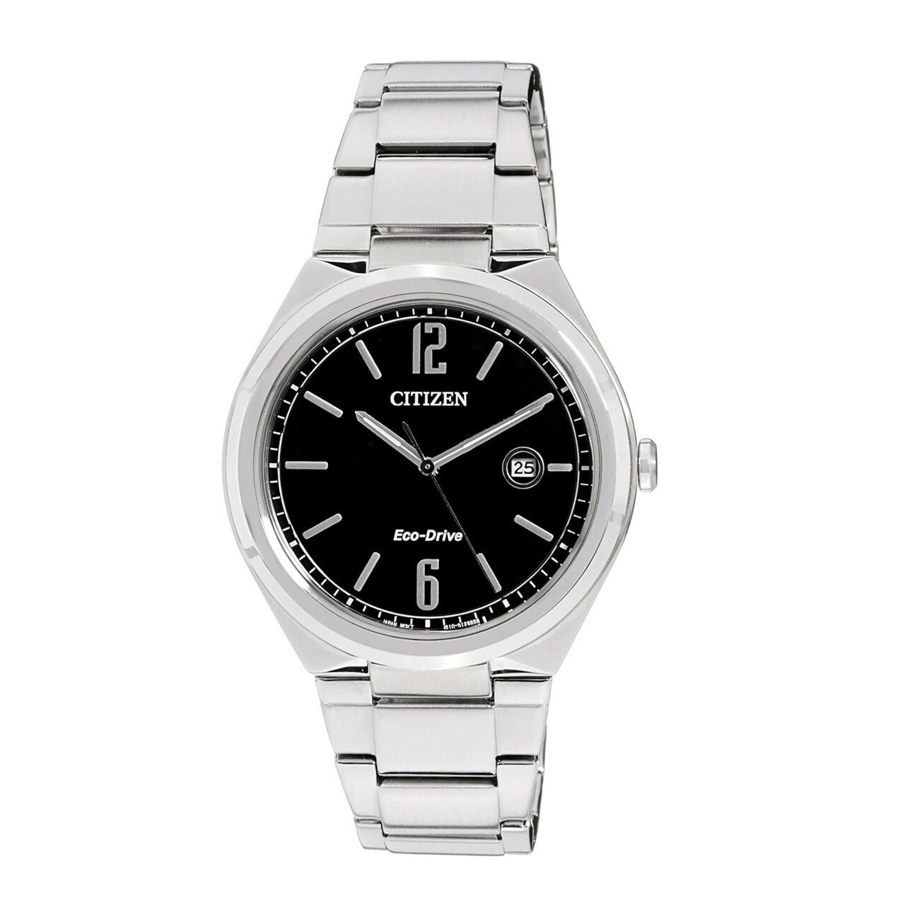 Citizen AW1370-51E Eco-Drive watch featuring a silver stainless steel case and black dial, showcasing its elegant design.