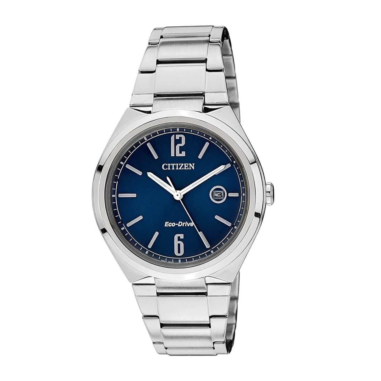 Citizen AW1370-51L Eco-Drive watch featuring a silver stainless steel case and a blue dial.