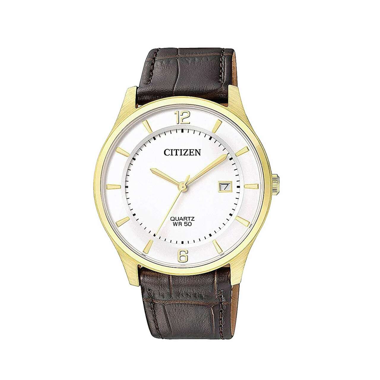 Citizen BD0043-08B watch featuring a white dial, gold markers, and a brown leather strap, showcasing elegance and sophistication.