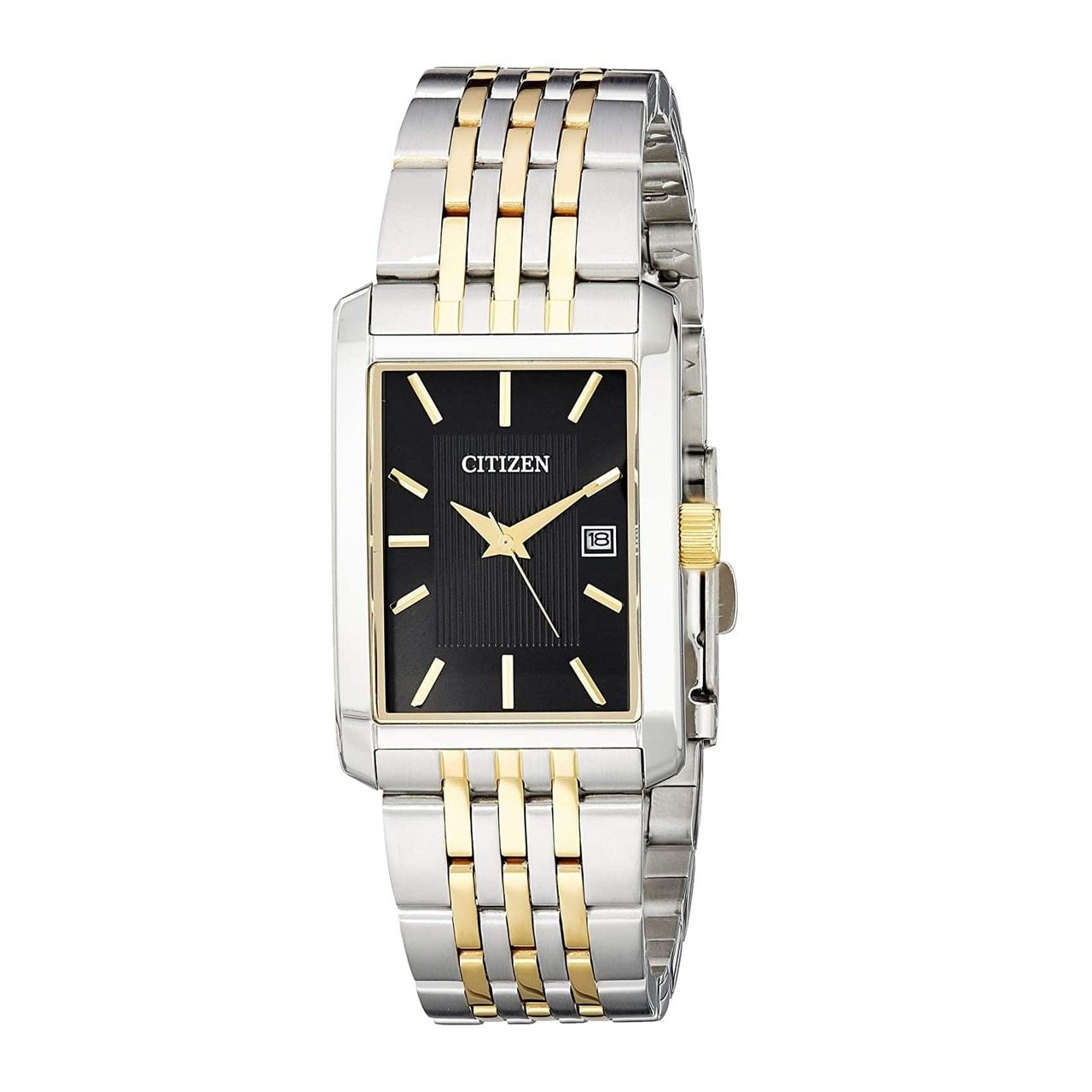 Citizen BH1678-56E Two Tone Stainless Steel Black Dial Men's Quartz Watch featuring a black dial and gold accents.