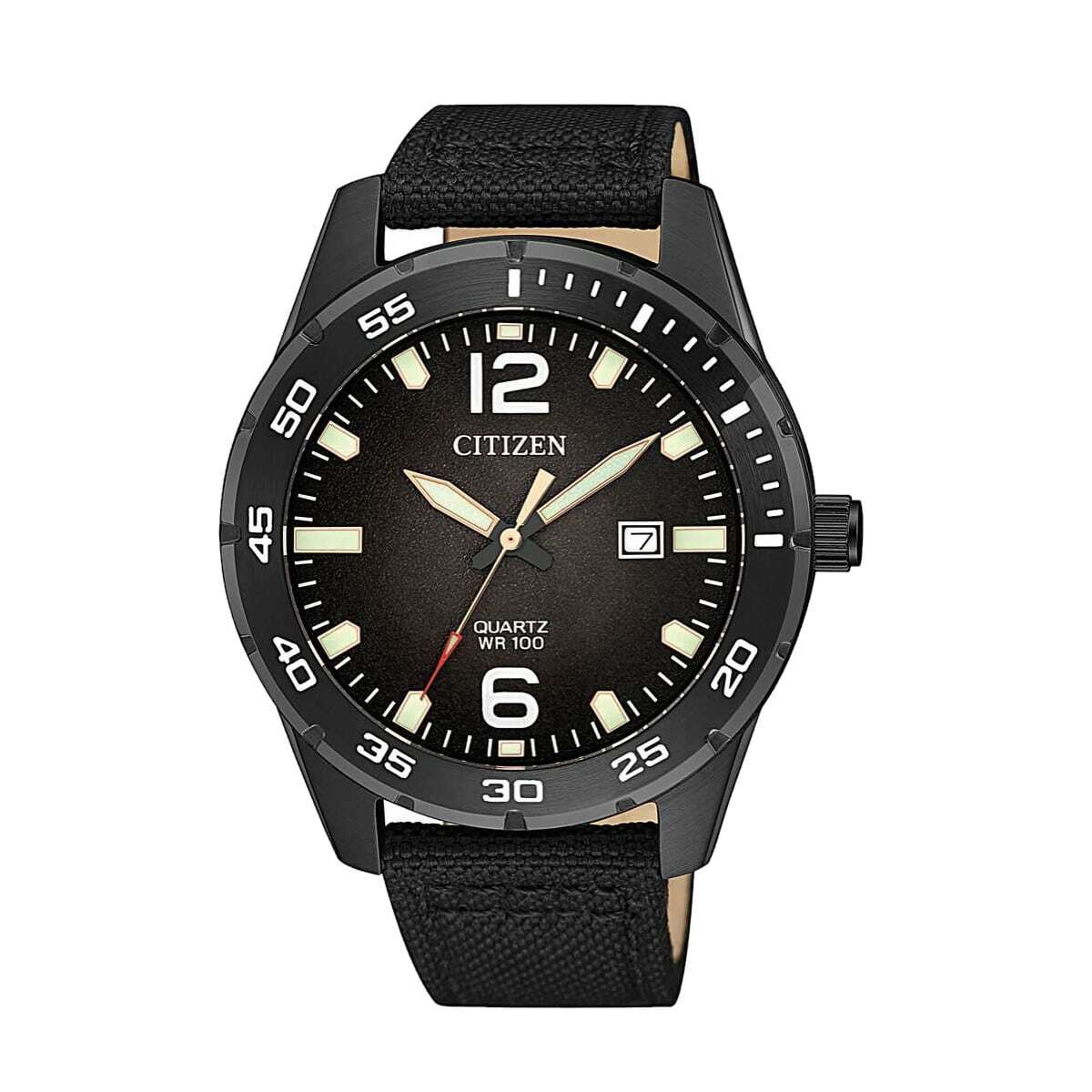 Citizen BI1045-05E Black Dial Men's Nylon Ion-Plated Quartz Watch featuring a sleek black dial and durable nylon strap.