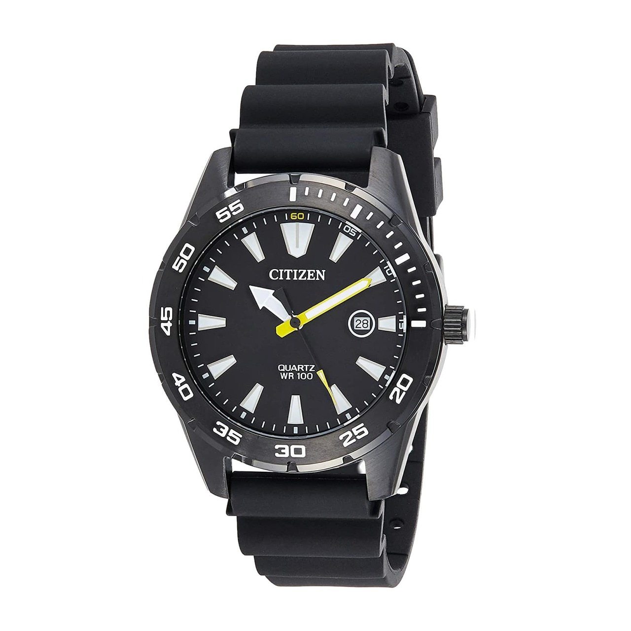 Citizen BI1045-13E Black Dial Men's Rubber Ion-Plated Quartz Watch featuring a black dial, luminous hands, and a durable rubber band.