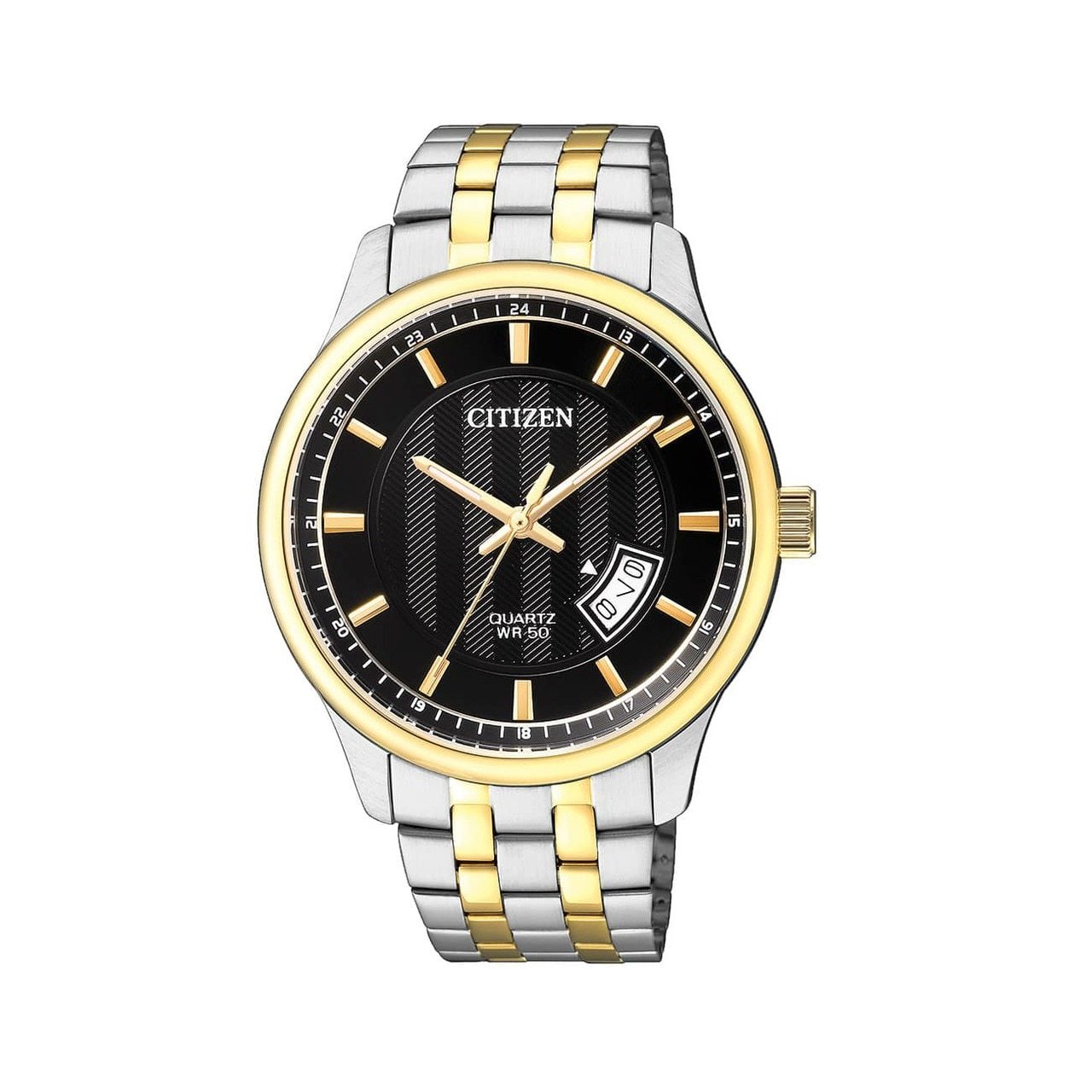 Citizen BI1054-80E Two Tone Stainless Steel Black Dial Men's Quartz Watch featuring a black dial, gold hour markers, and a two-tone stainless steel bracelet.
