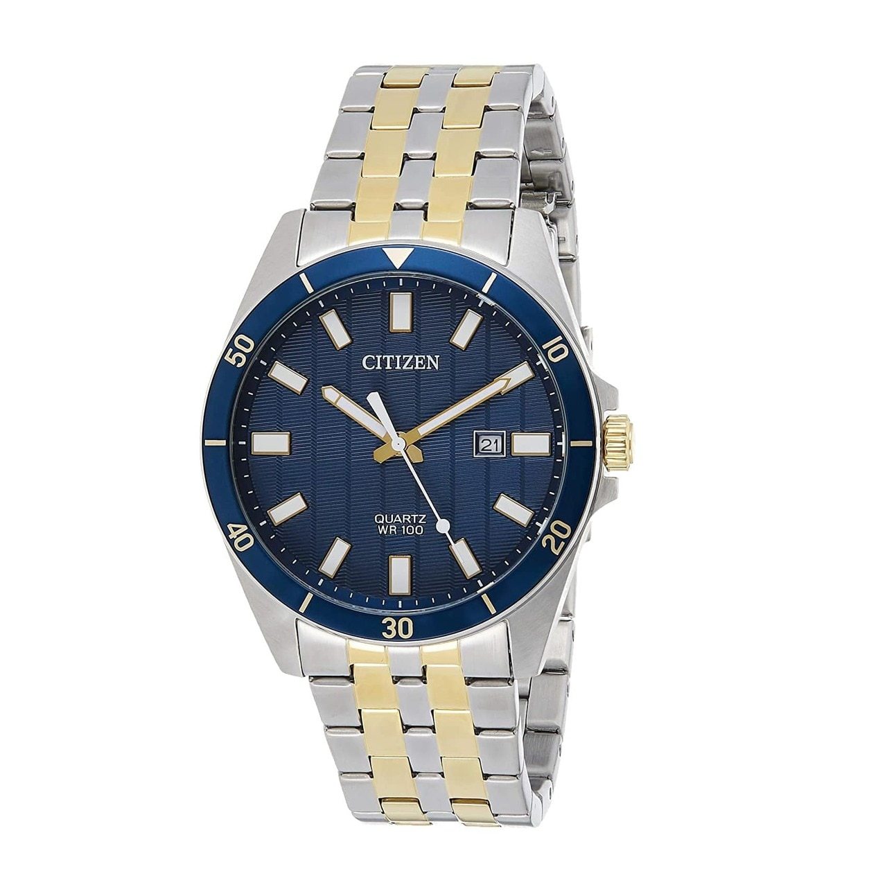 Citizen BI5054-53L Two Tone Stainless Steel Men's Quartz Watch with Blue Textured Dial and Gold Plating
