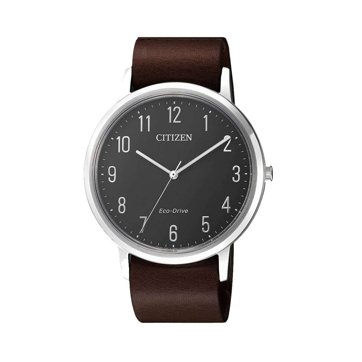 Citizen BJ6501-01E Eco-Drive watch featuring a grey dial and brown leather band, set in a stainless steel case.