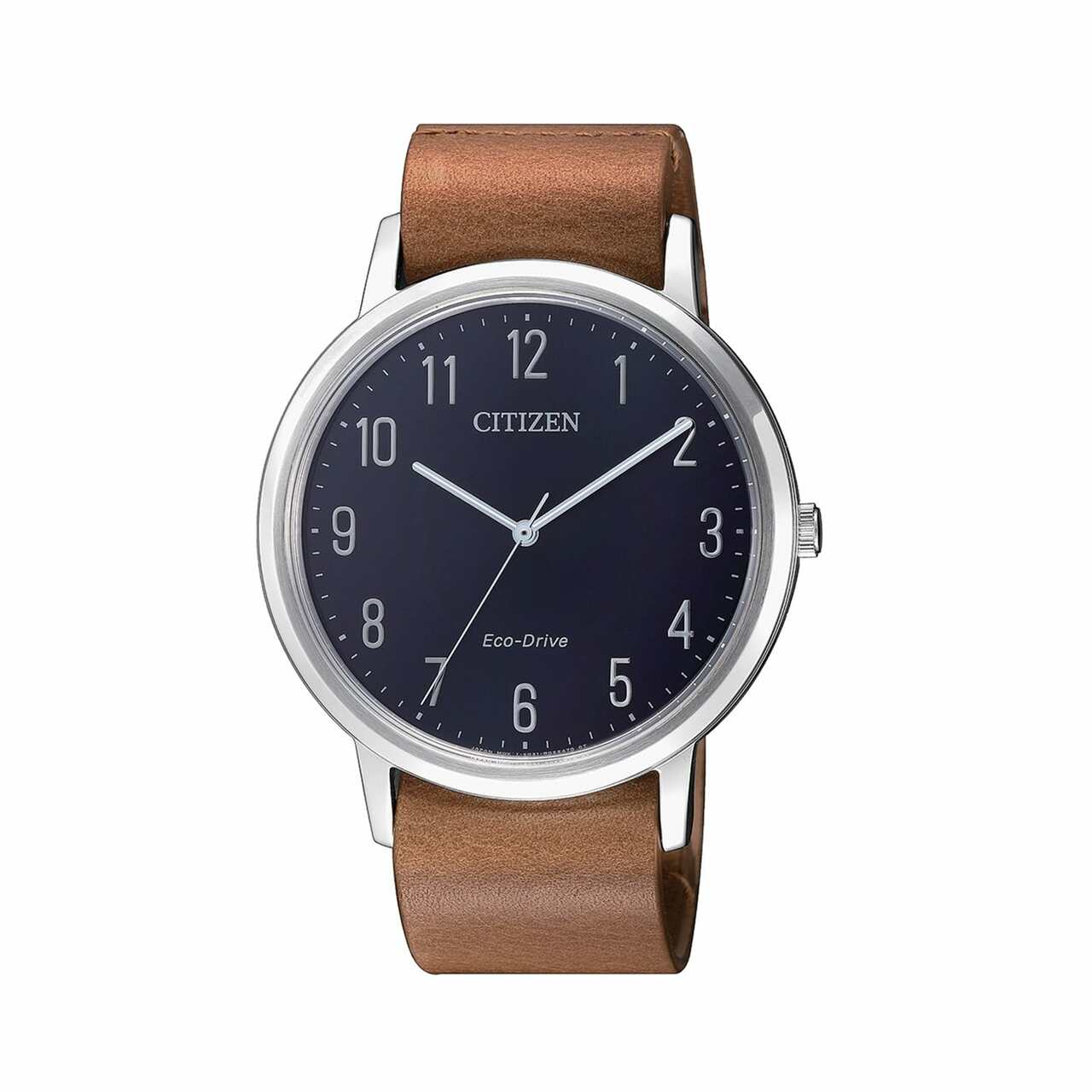 Citizen BJ6501-10L Blue Dial Men's Eco-Drive Watch with brown leather band and stainless steel case.