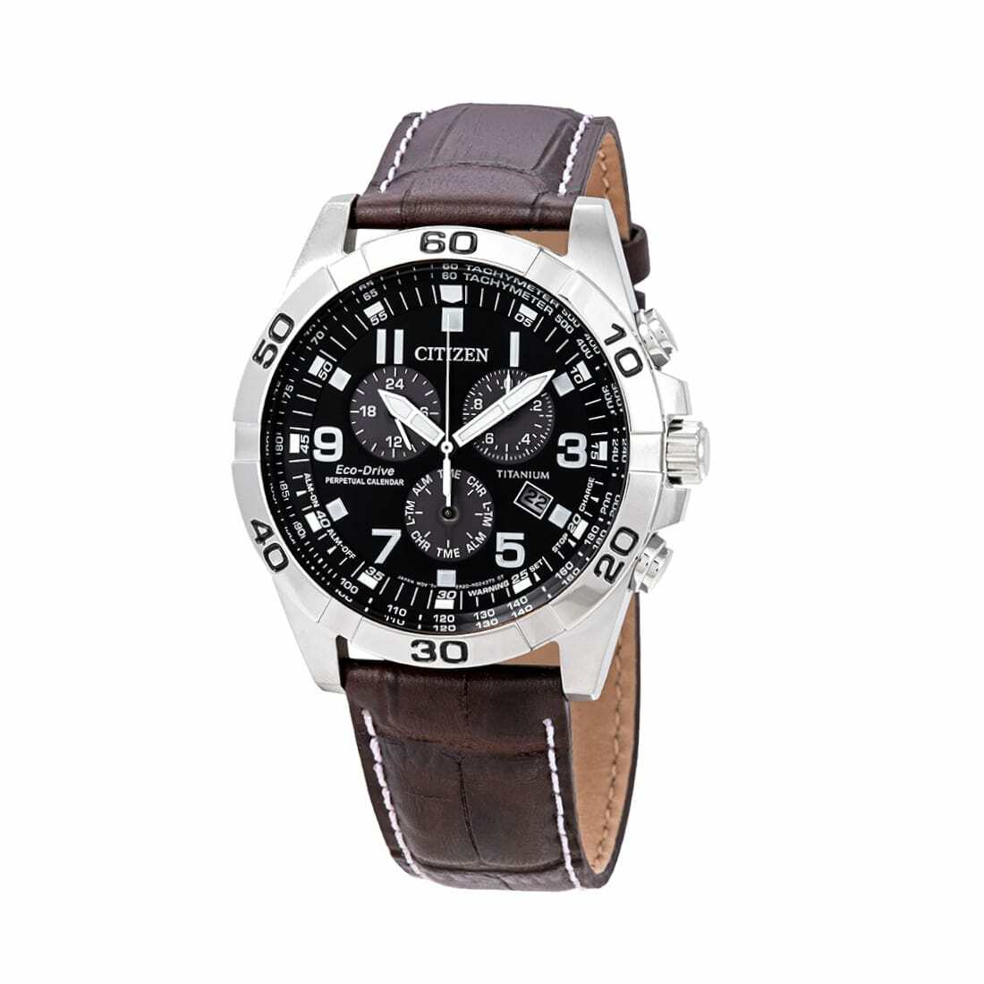 Citizen BL5551-06L Brycen watch featuring a dark blue dial, titanium case, and brown leather strap, showcasing its elegant design.
