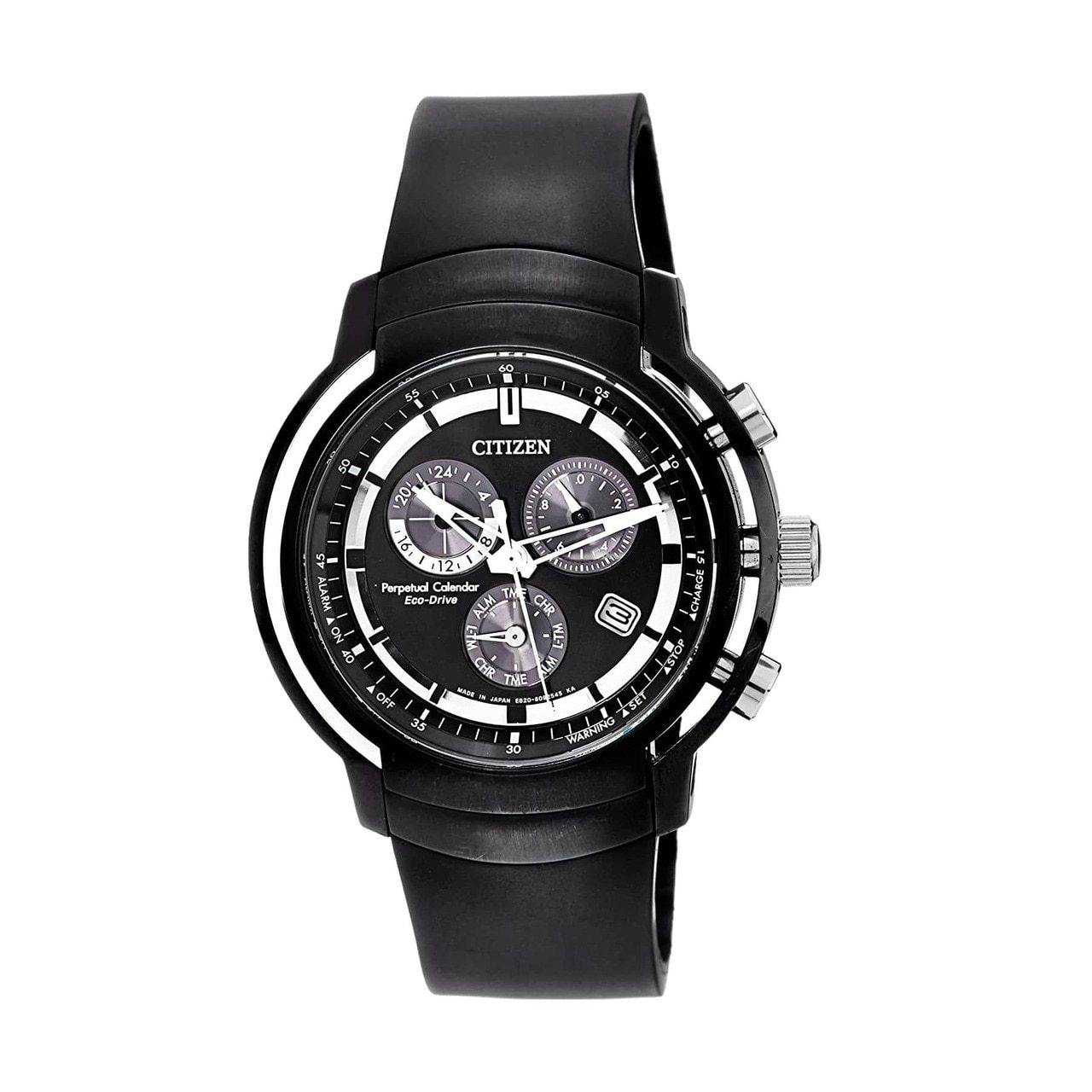 Citizen BL5395-00E Black Dial Men's Chronograph Eco-Drive Watch with polyurethane band and stainless steel case.