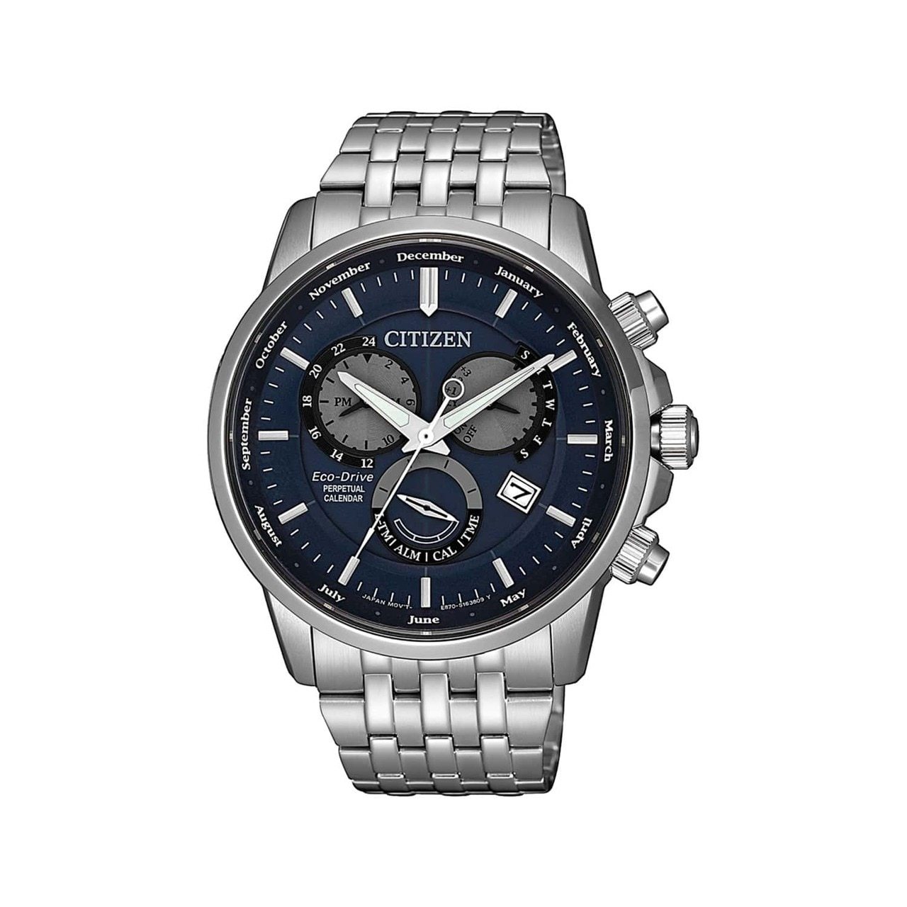 Citizen BL8150-86L Men's Chronograph Watch featuring a blue dial and stainless steel case, showcasing its elegant design and functionality.