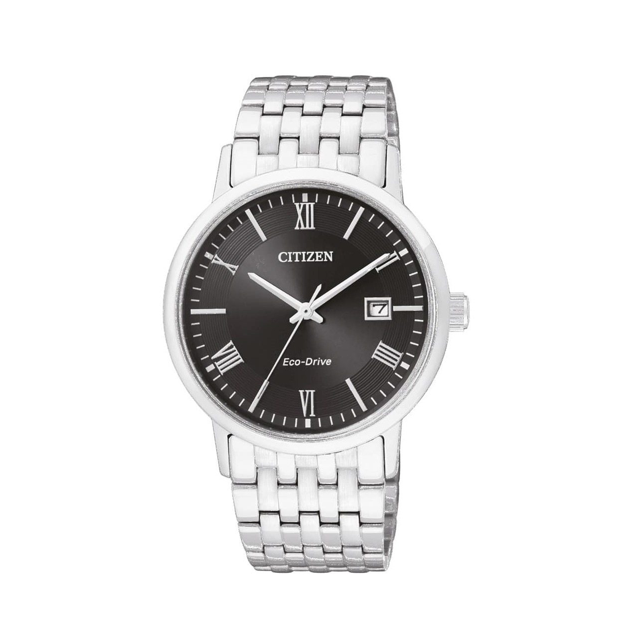 Citizen BM6770-51E Eco-Drive watch featuring a silver stainless steel case and band with a black dial.
