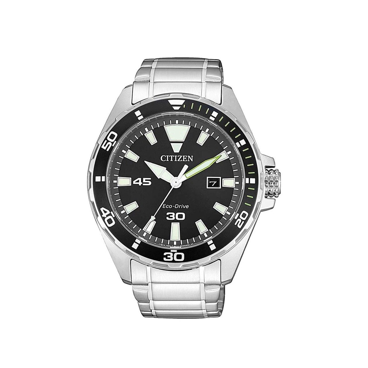 Citizen BM7451-89E Eco-Drive watch featuring a silver stainless steel band and a black dial with date display.