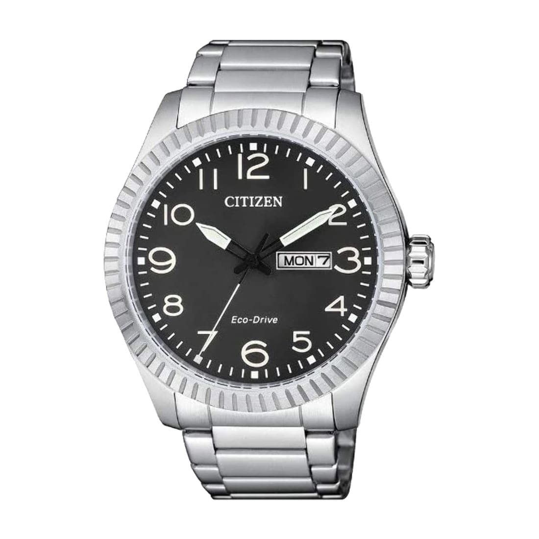 Citizen BM8530-89E Eco-Drive watch featuring a silver stainless steel case and black dial, showcasing its elegant design and functionality.