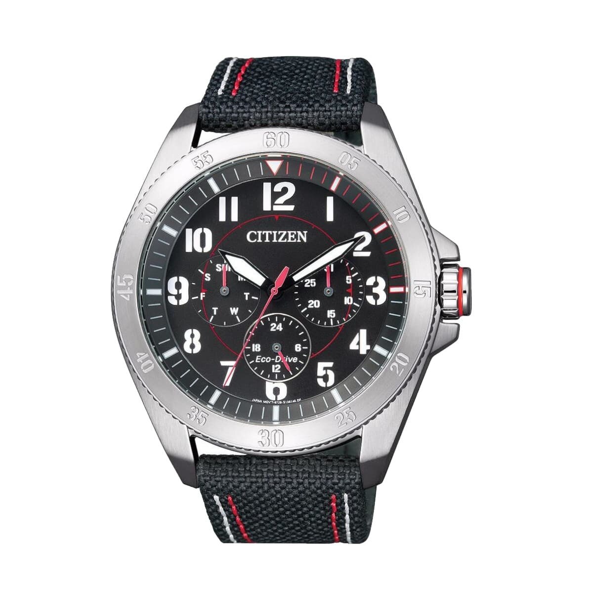 Citizen BU2030-17E Black Dial Men's Nylon Day Date Eco-Drive Watch featuring a round black dial, stainless steel case, and durable nylon band.