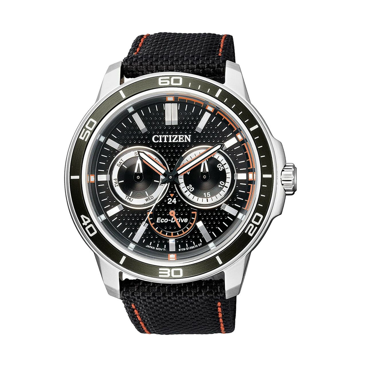 Citizen BU2040-05E Black Dial Men's Multifunction Nylon Eco-Drive Watch featuring a stainless steel case and black nylon band.