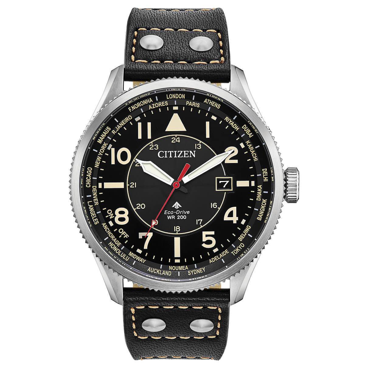 Citizen BX1010-02E Men's Black Stainless Steel Watch with Black Dial and Leather Band, featuring world time and anti-shock capabilities.