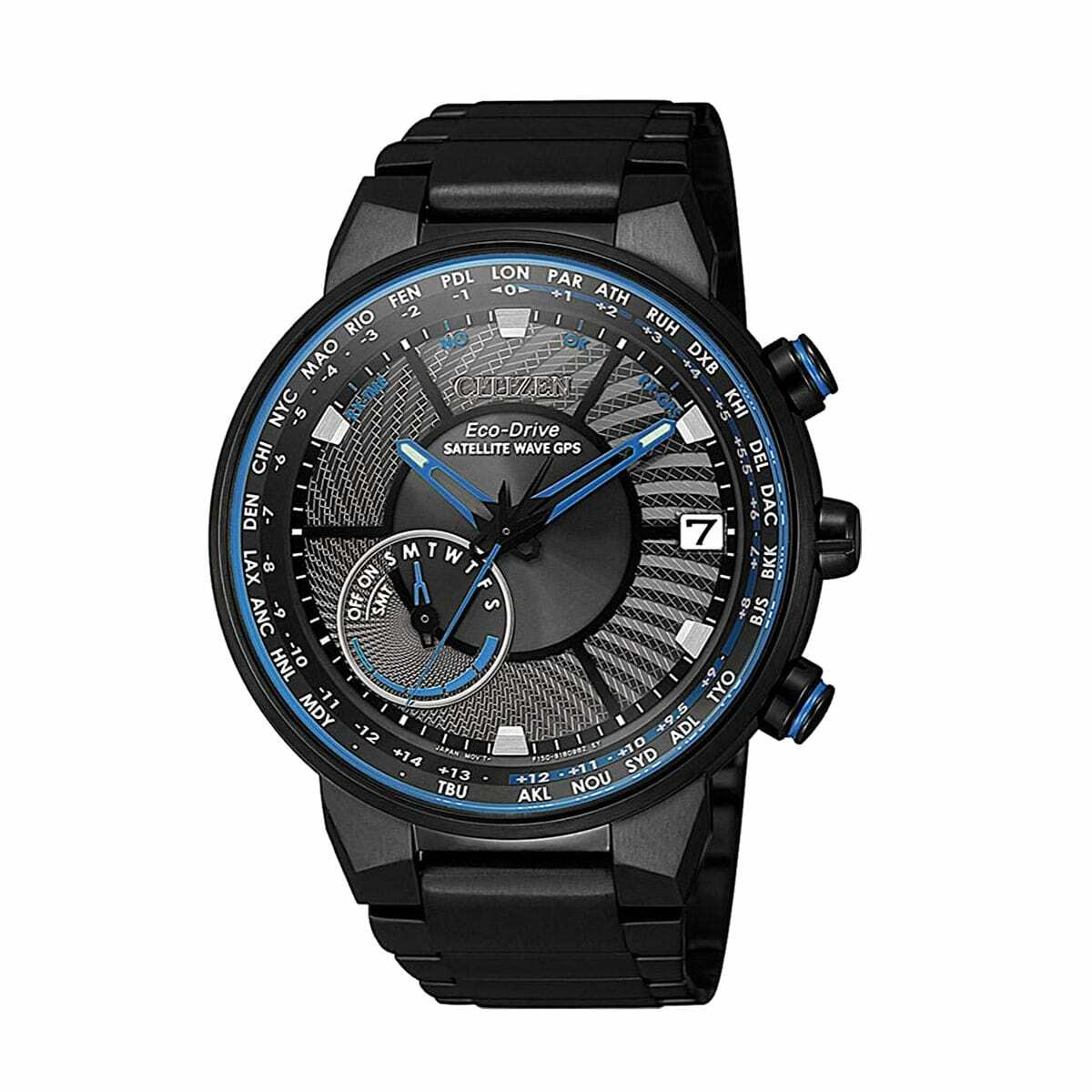 Citizen CC3078-81E Satellite Wave GPS World Time watch featuring a black stainless steel case and band, scratch-resistant sapphire dial, and analog display.