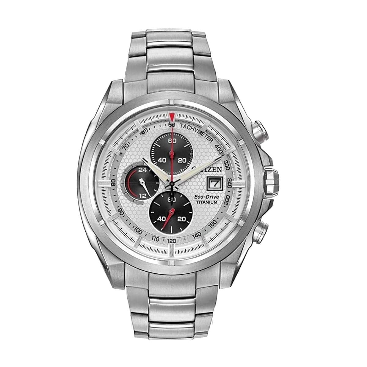 Citizen CA0550-52A Men's Chronograph Tachymeter Titanium Watch with white textured dial and titanium band.